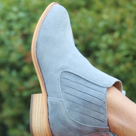 HEATHER GREY FAUX SUEDE SLIP ON ANKLE BOOTIE WITH PLEATED DETAIL AND WOOD HEEL - Picture 4 of 5